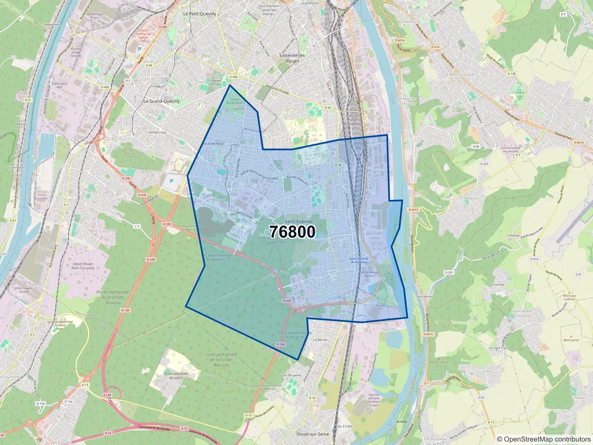 Carte du code postal 76800 (ST ETIENNE DU ROUVRAY)