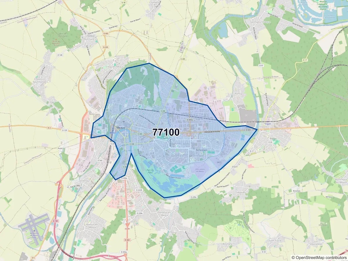 Carte du code postal 77100 (MAREUIL LES MEAUX)