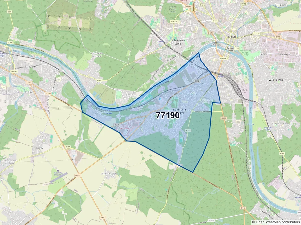 Carte du code postal 77190 (DAMMARIE LES LYS)