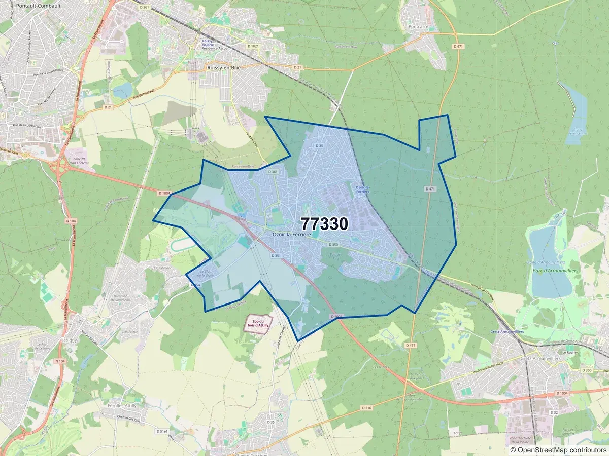 Carte du code postal 77330 (OZOIR LA FERRIERE)