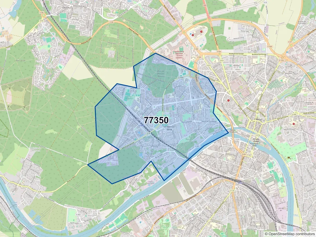 Carte du code postal 77350 (BOISSETTES)