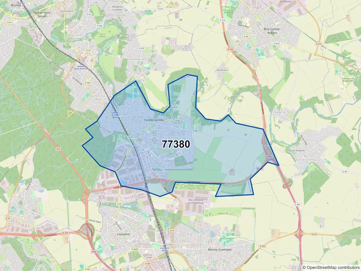 Carte du code postal 77380 (COMBS LA VILLE)