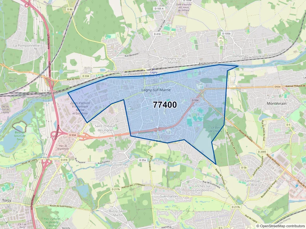 Carte du code postal 77400 (CARNETIN)
