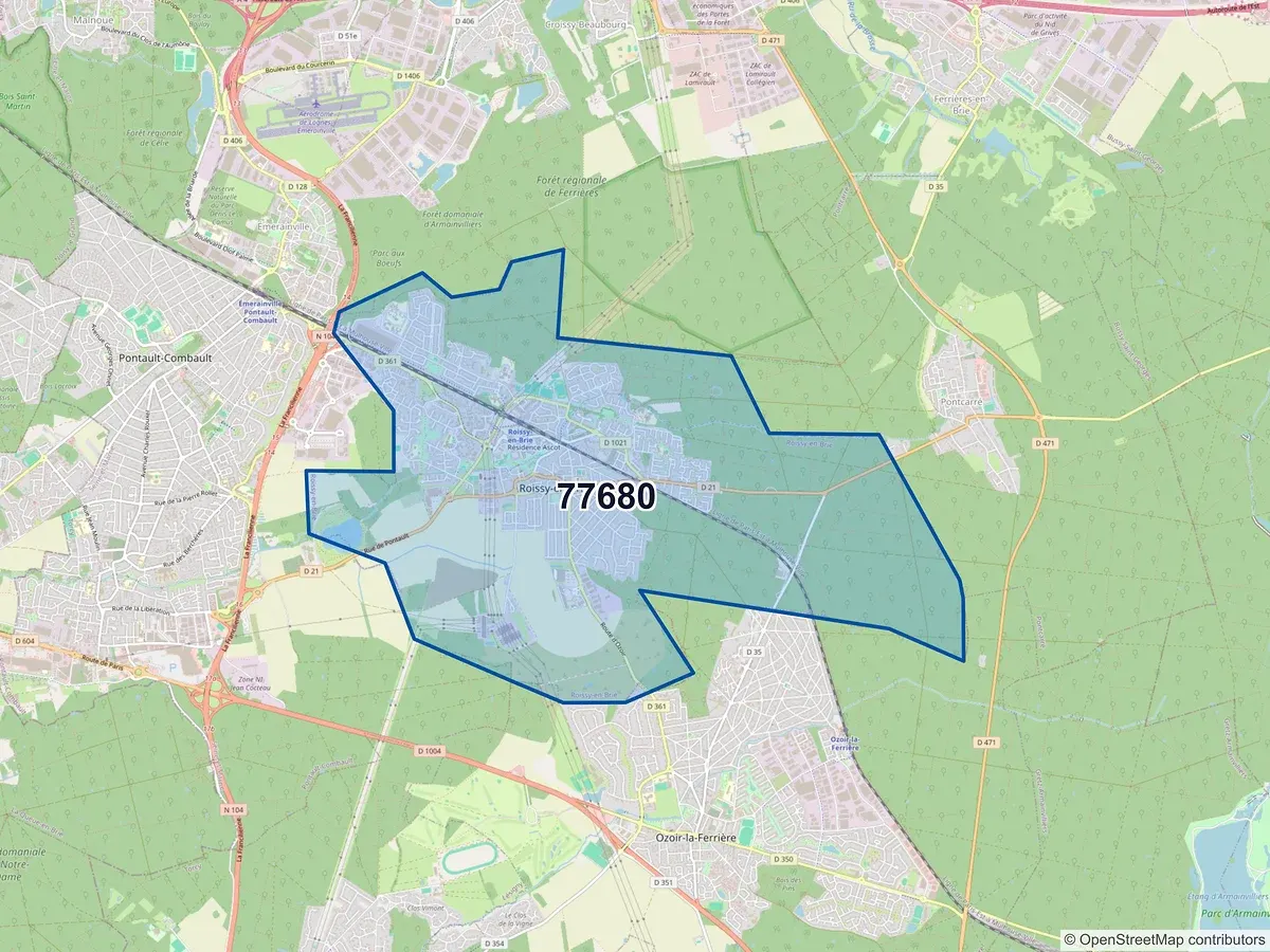 Carte du code postal 77680 (ROISSY EN BRIE)