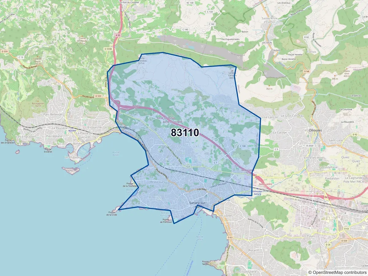 Carte du code postal 83110 (SANARY SUR MER)