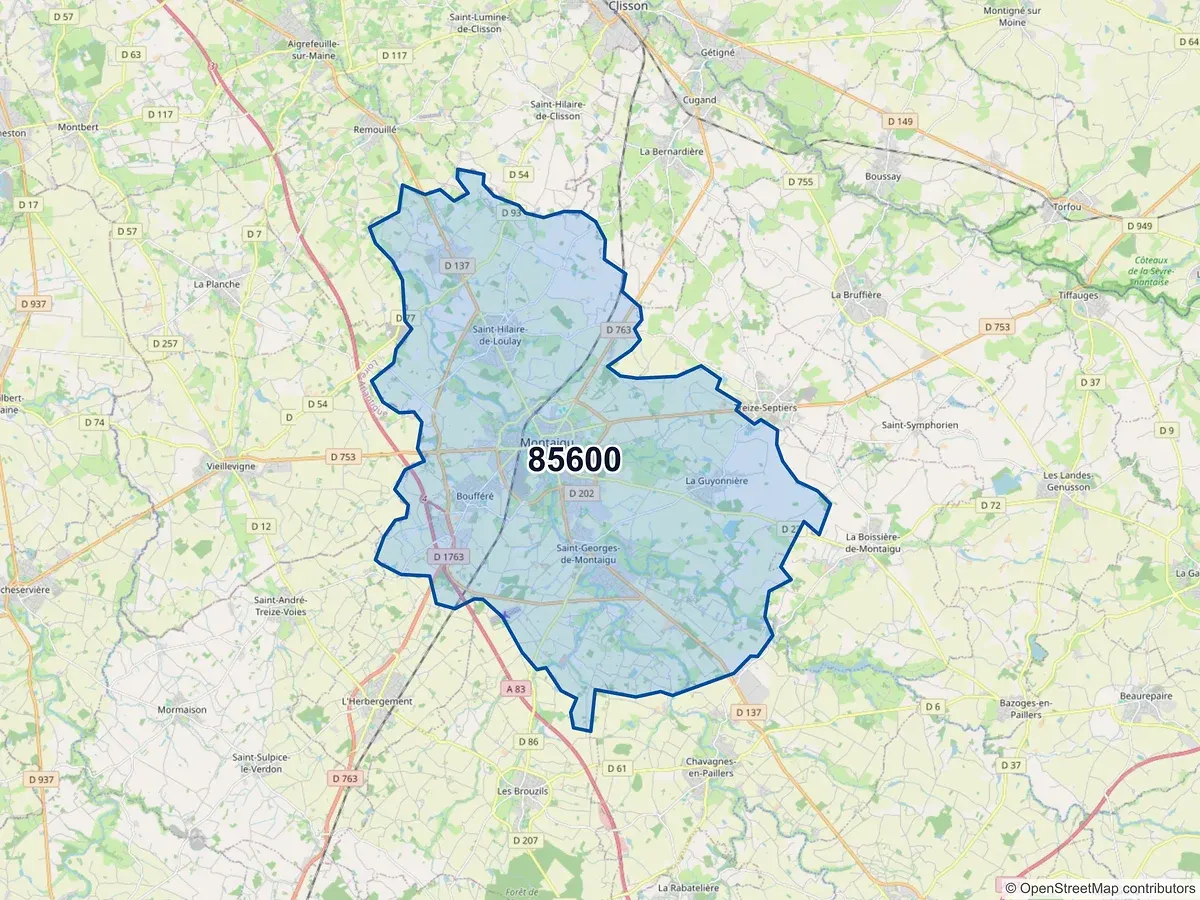 Carte du code postal 85600 (LA BOISSIERE DE MONTAIGU)