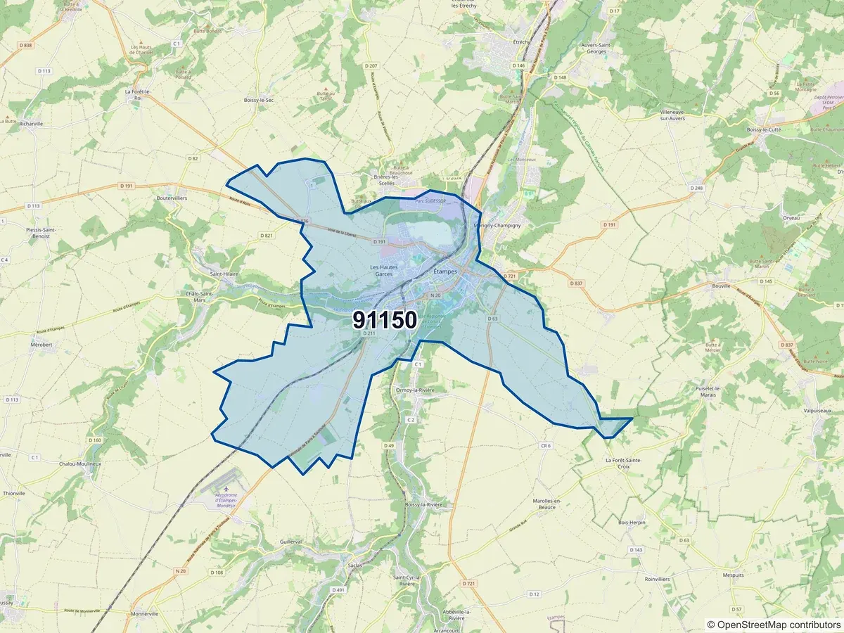 Carte du code postal 91150 (ABBEVILLE LA RIVIERE)