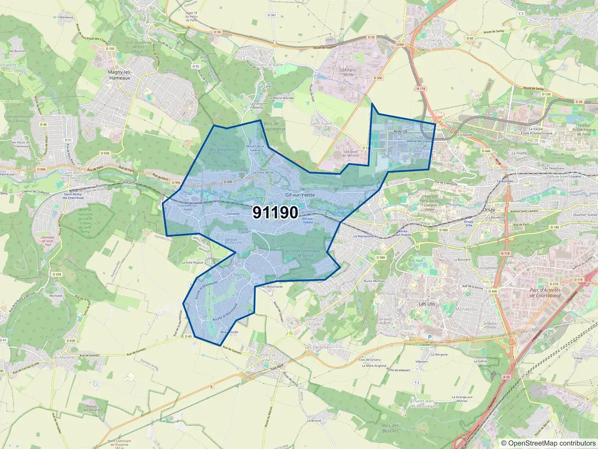 Carte du code postal 91190 (GIF SUR YVETTE)