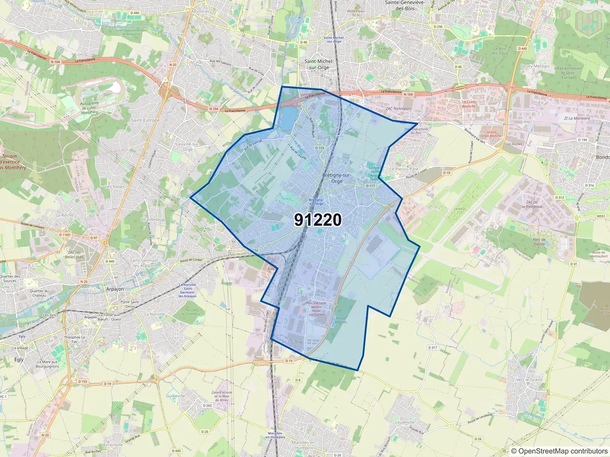 Carte du code postal 91220 (BRETIGNY SUR ORGE)