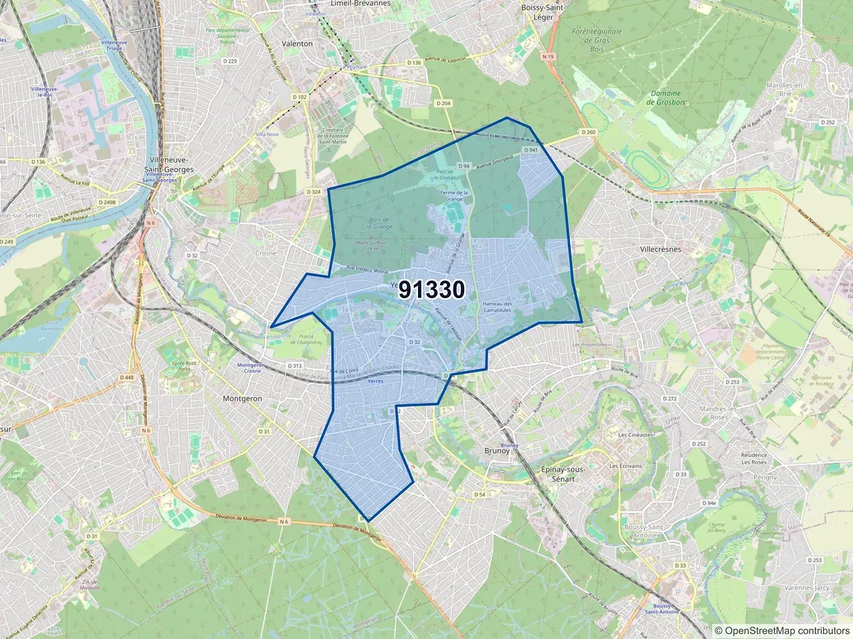 Carte du code postal 91330 (YERRES)