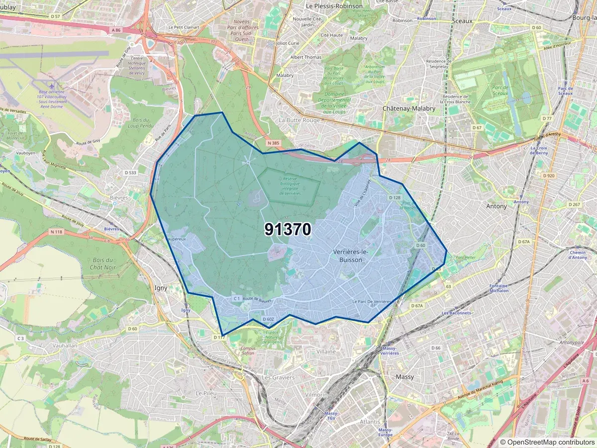 Carte du code postal 91370 (VERRIERES LE BUISSON)