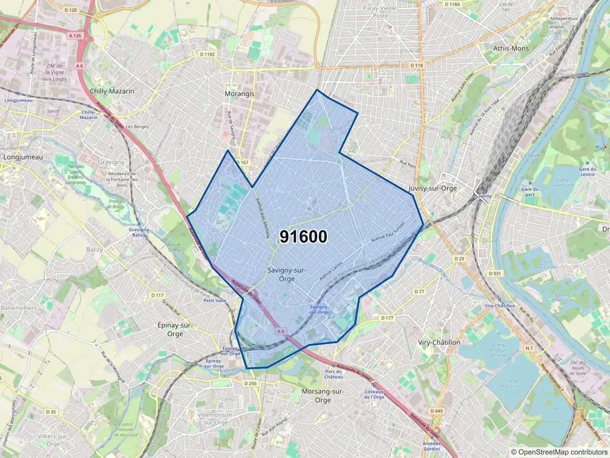 Carte du code postal 91600 (SAVIGNY SUR ORGE)