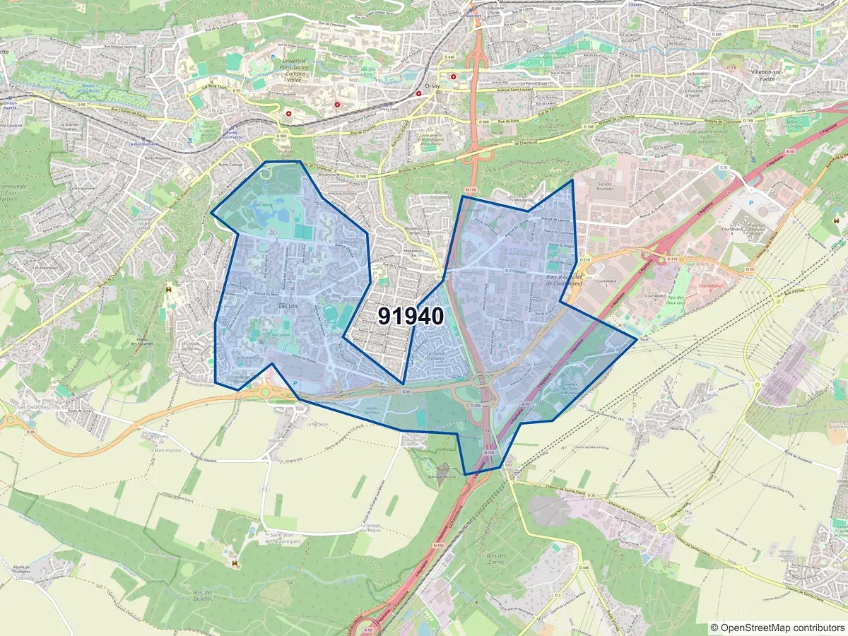Carte du code postal 91940 (GOMETZ LE CHATEL)