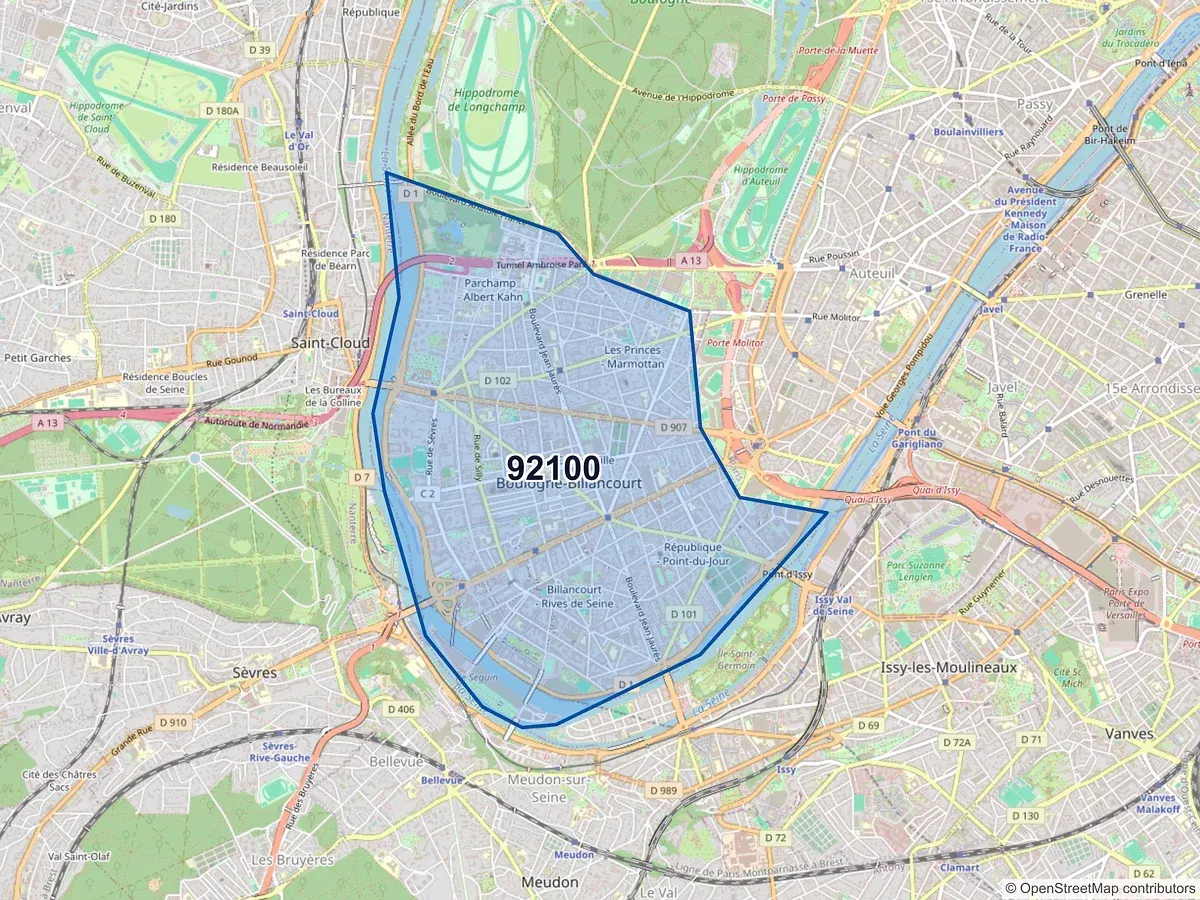 Carte du code postal 92100 (BOULOGNE BILLANCOURT)