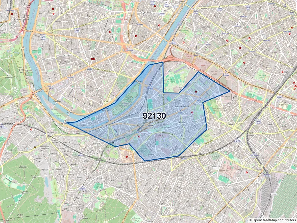 Carte du code postal 92130 (ISSY LES MOULINEAUX)