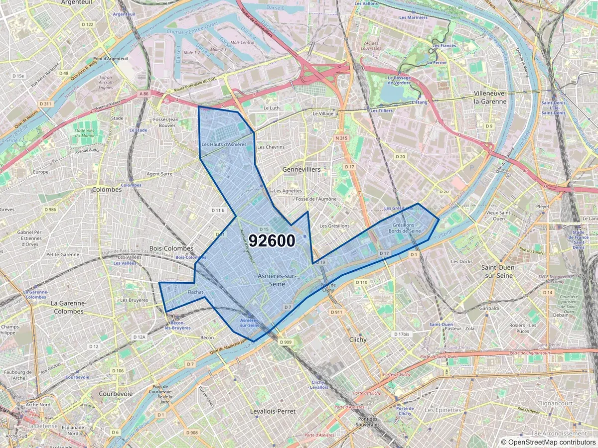 Carte du code postal 92600 (ASNIERES SUR SEINE)
