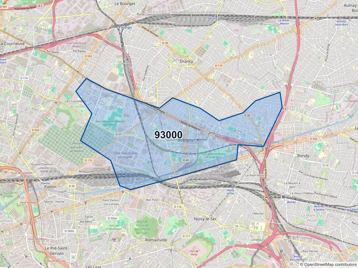 Carte du code postal 93000 (BOBIGNY)