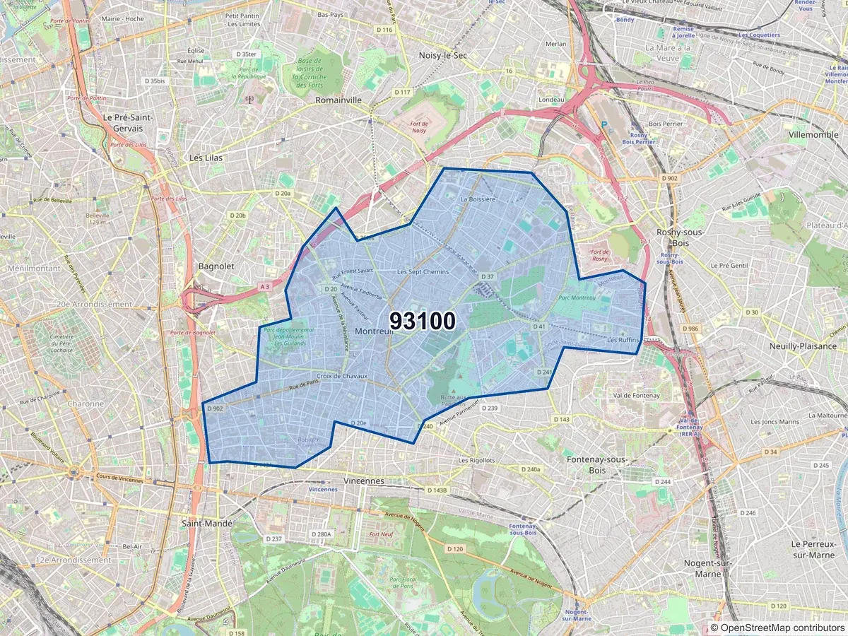 Carte du code postal 93100 (MONTREUIL)
