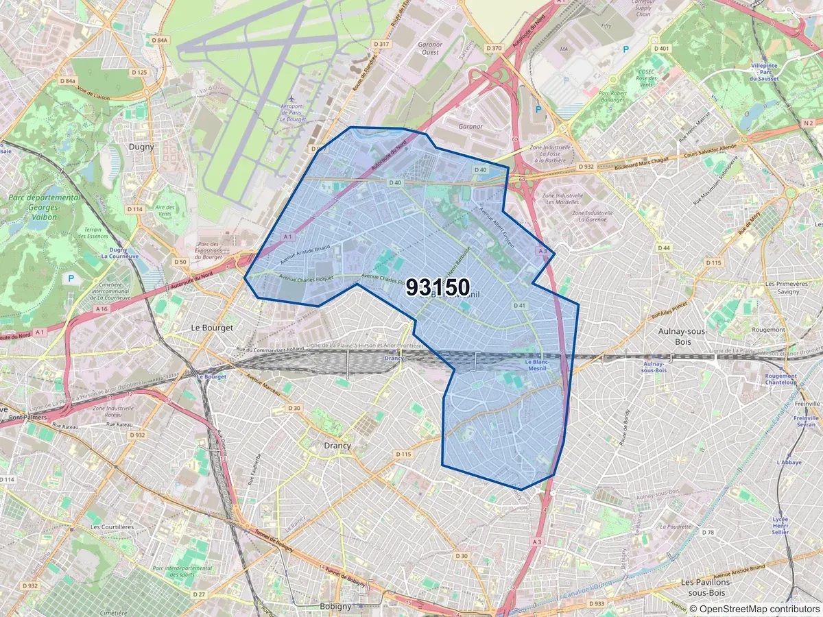 Carte du code postal 93150 (LE BLANC MESNIL)