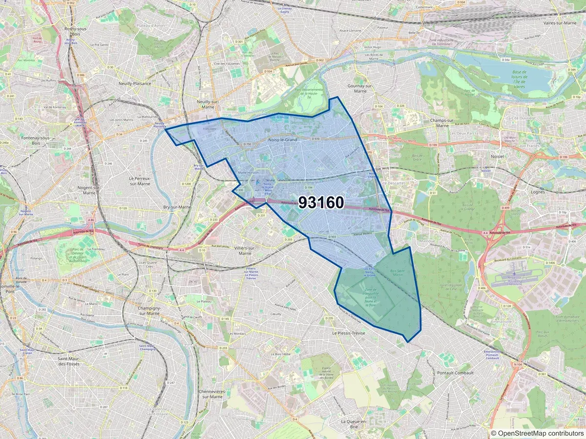 Carte du code postal 93160 (NOISY LE GRAND)