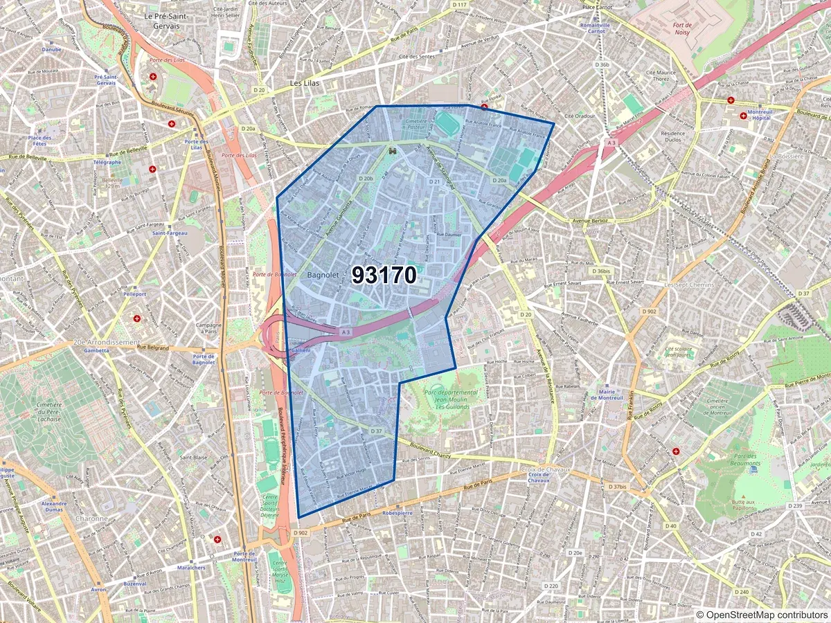 Carte du code postal 93170 (BAGNOLET)