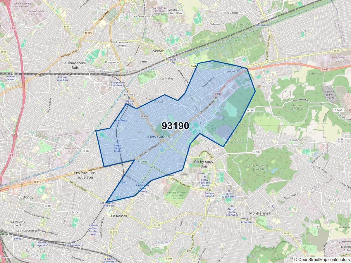 Carte du code postal 93190 (LIVRY GARGAN)