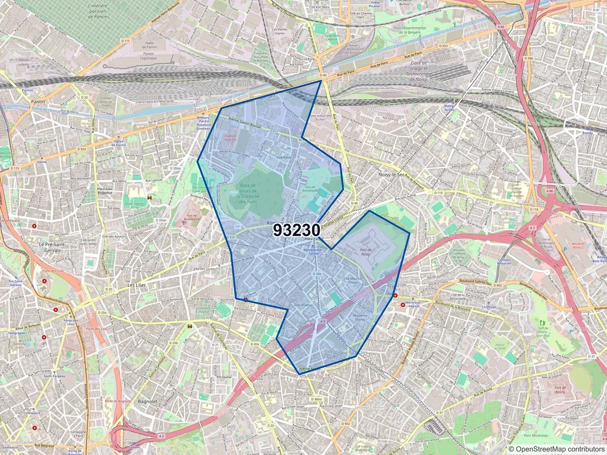 Carte du code postal 93230 (ROMAINVILLE)