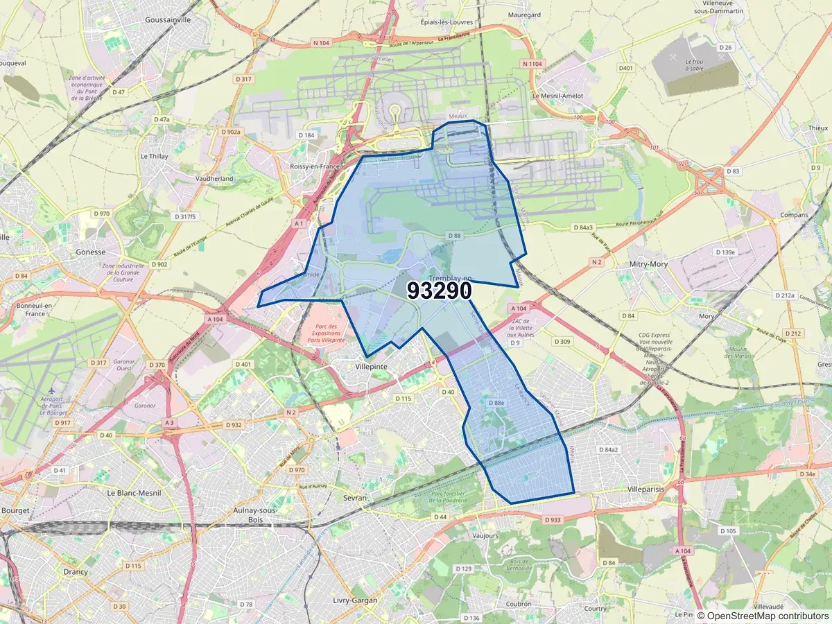 Carte du code postal 93290 (TREMBLAY EN FRANCE)