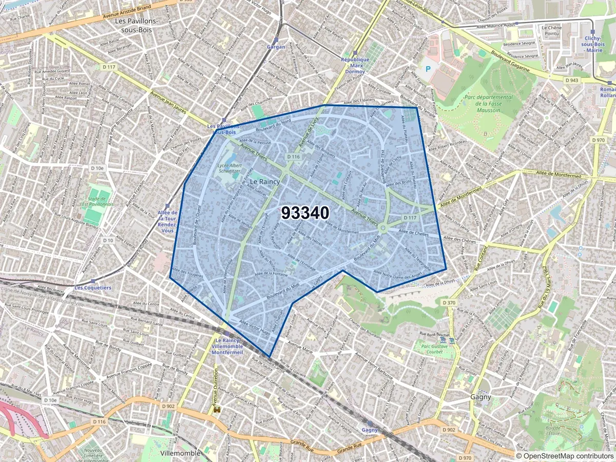 Carte du code postal 93340 (LE RAINCY)