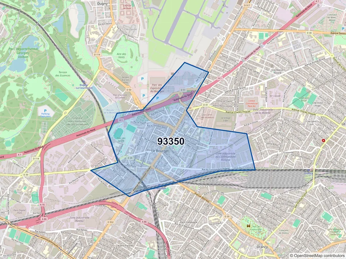 Carte du code postal 93350 (LE BOURGET)