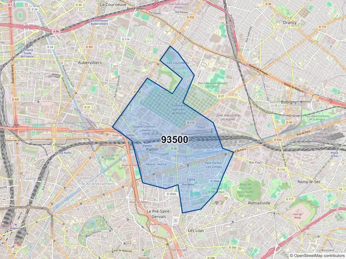 Carte du code postal 93500 (PANTIN)