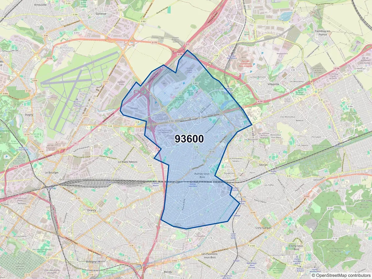 Carte du code postal 93600 (AULNAY SOUS BOIS)
