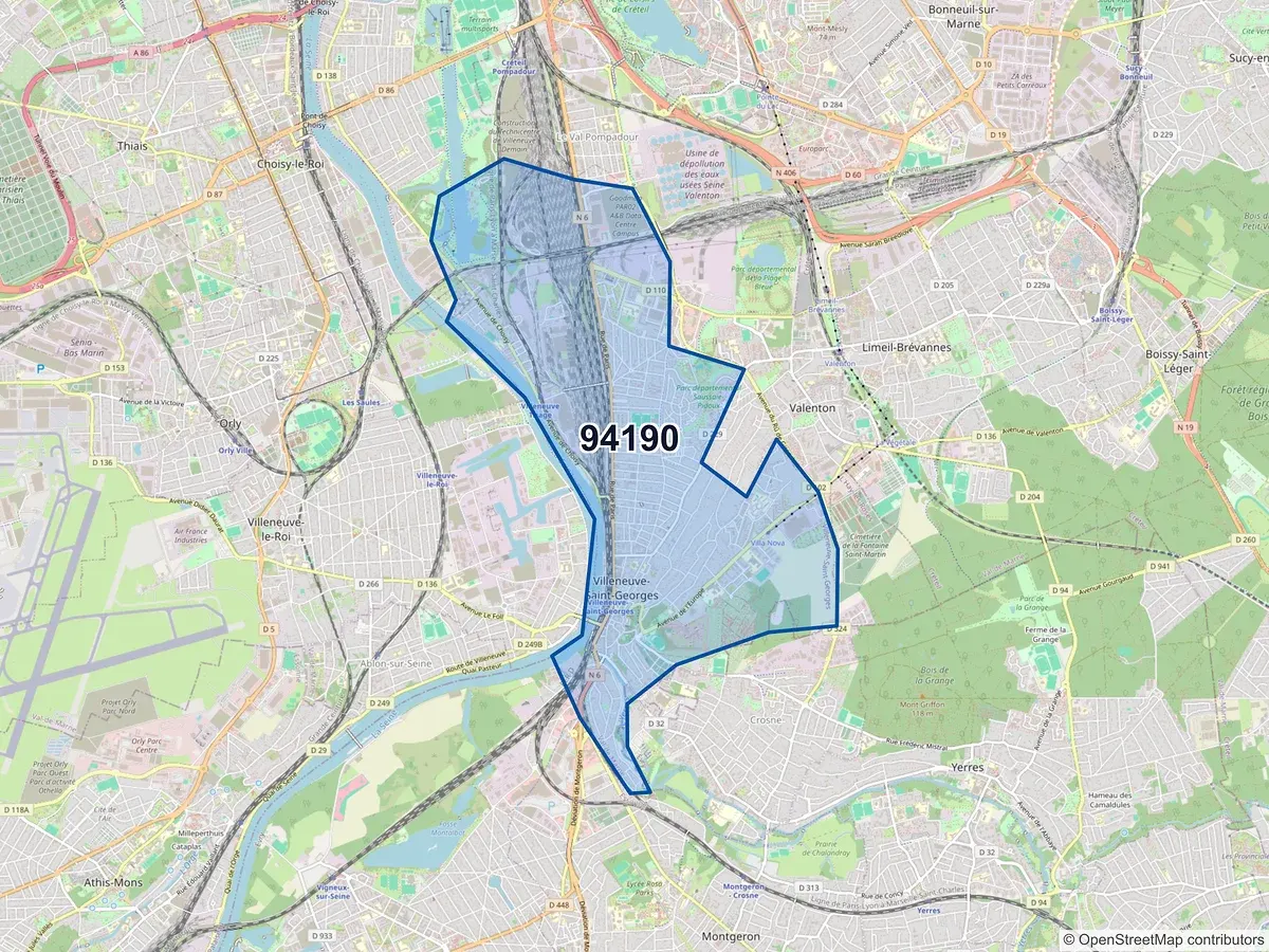 Carte du code postal 94190 (VILLENEUVE ST GEORGES)