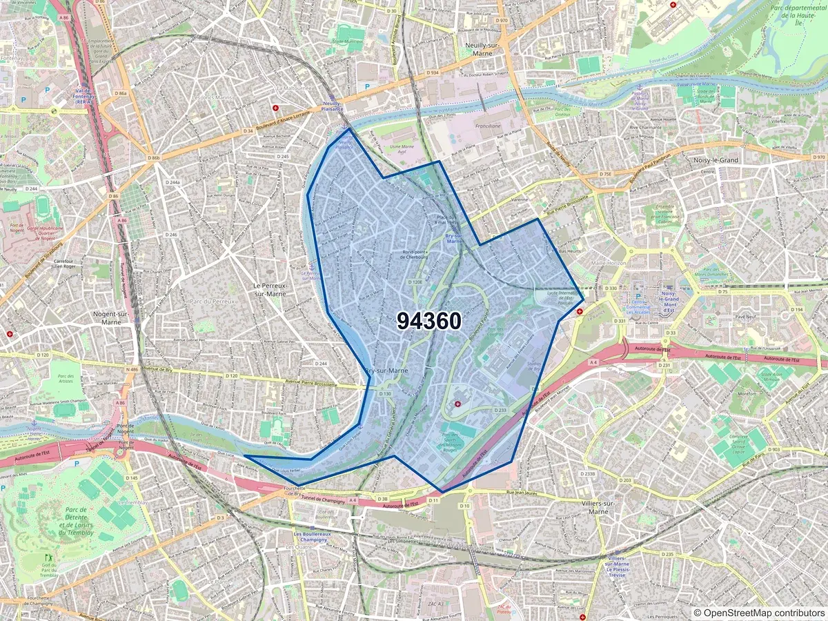 Carte du code postal 94360 (BRY SUR MARNE)