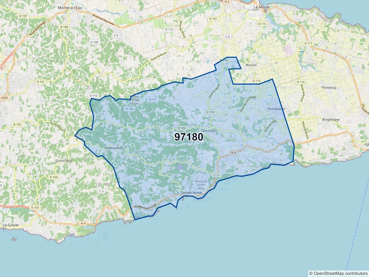 Carte du code postal 97180 (STE ANNE)
